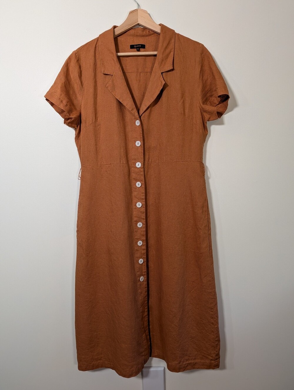Quince 100% European Linen Button Front Dress Mini Dress in Pumpkin Brown Medium